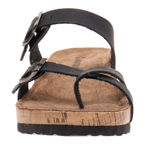 Cross Strap Black Footbed Wedge Sandals - Picture 2 of 4
